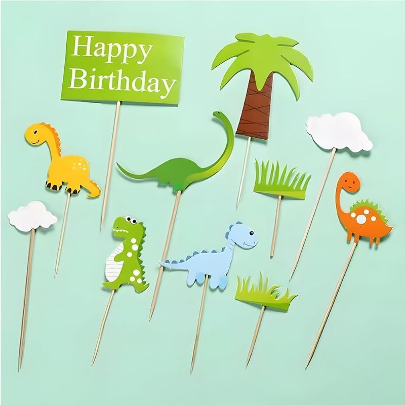 Photo 1 of 3 pack-Dinosaur Cake Toppers for Boys and Girls, Dinosaur Cupcake Toppers Happy Birthday for Kids 1 2 3 4 5 6 7 8 year olds, Birthday Cake Decorations Cards Party Supplies with Clouds and Tree