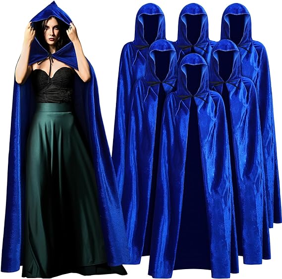 Photo 1 of [Size M] Toulite 6 Pieces Velvet Cloak Adult Hooded Cloak Velvet Cape Halloween Witch Costume for Kids Men and Women Cosplay Costumes Medium Blue