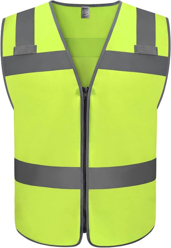 Photo 1 of [Size XL] TCCFCCT Reflective Vest with Front Zipper Safety Vest for Men Women, High Visibility Surveyor Vest with Horizontal Strip for Walkie-talkie, Durable to Use, Meets ANSI/ISEA Standards, Yellow, XL 