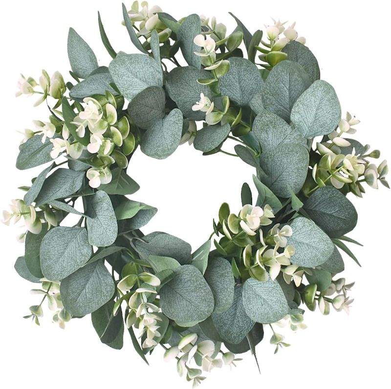 Photo 1 of 12 inch Green Eucalyptus Wreath, Artificial Eucalyptus Wreath for Front Door Wreath, Wedding, Farmhouse Decoration, Holiday Celebration Home Decoration.