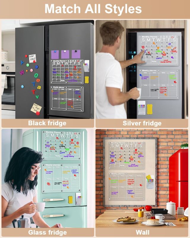 Photo 1 of Yirilan Magnetic Acrylic Calendar for Fridge, 2 Pcs Clear Dry Erase Board for Refrigerator, Reusable Monthly & Weekly Planner Includes 6 Colors Markers(16x12 Inches)