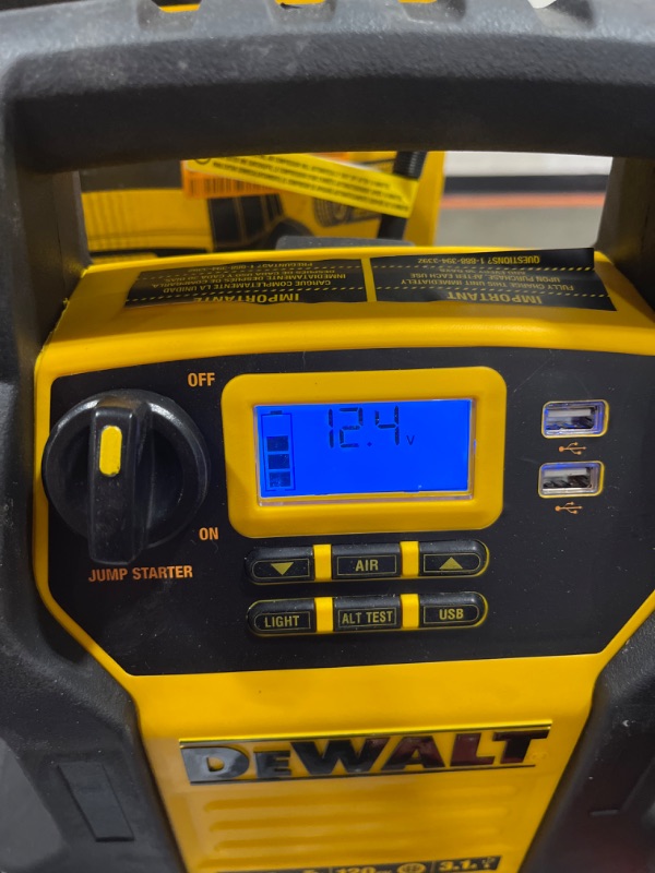 Photo 3 of DEWALT DXAEJ14 Digital Portable Power Station Jump Starter: 1400 Peak/700 Instant Amps, 120 PSI Digital Air Compressor, 3.1A USB Ports, Battery Clamps , Yellow