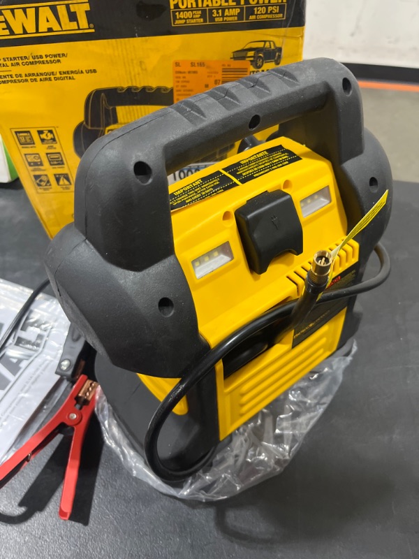 Photo 4 of DEWALT DXAEJ14 Digital Portable Power Station Jump Starter: 1400 Peak/700 Instant Amps, 120 PSI Digital Air Compressor, 3.1A USB Ports, Battery Clamps , Yellow