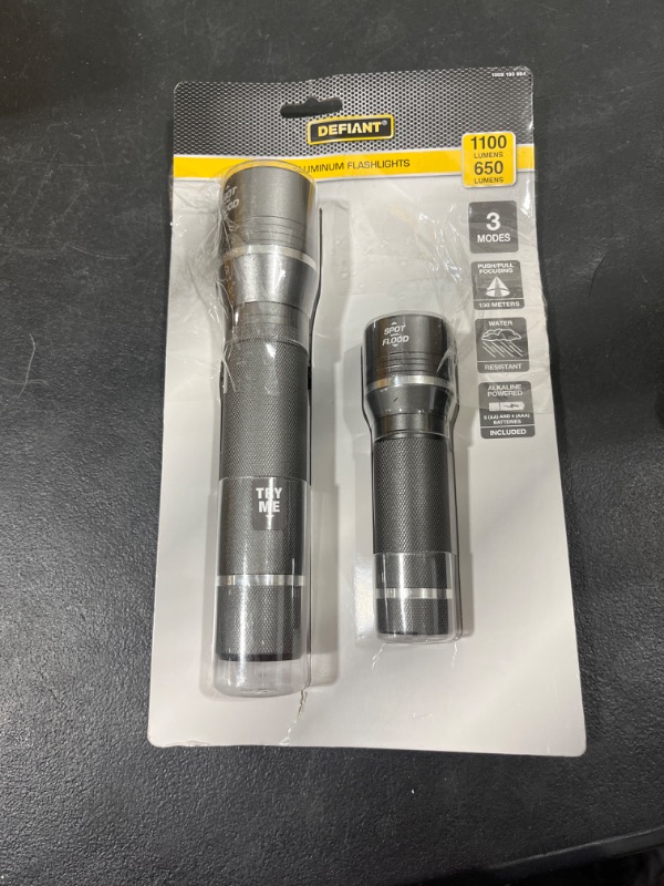 Photo 1 of Defiant 1100 Lumens and 650 Lumens Alkaline Battery LED Slide-to-Focusing Powered Aluminum Flashlight (2-Pack), Black
