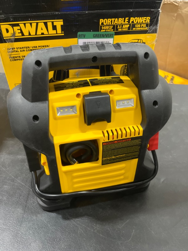 Photo 3 of DEWALT DXAEJ14 Digital Portable Power Station Jump Starter: 1400 Peak/700 Instant Amps, 120 PSI Digital Air Compressor, 3.1A USB Ports, Battery Clamps , Yellow