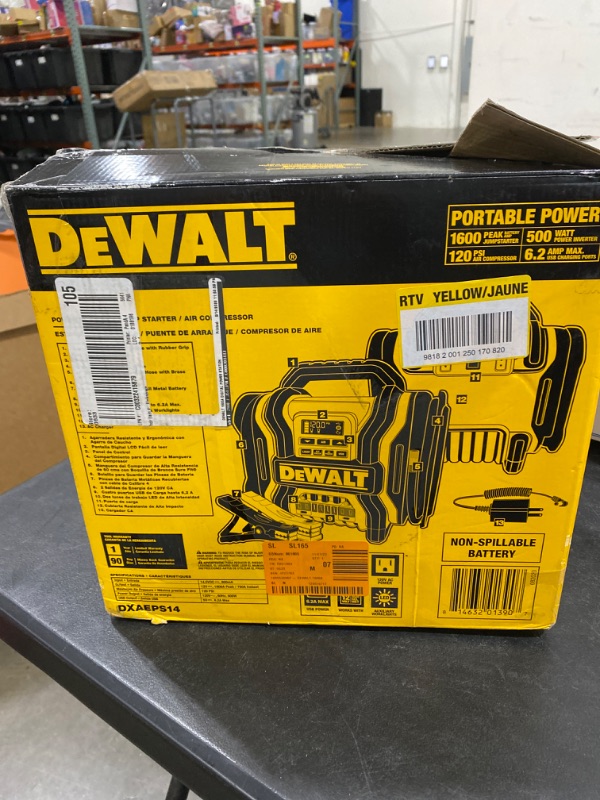 Photo 2 of DEWALT DXAEPS14 1600 Peak Battery Amp 12V Automotive Jump Starter/Power Station with 500 Watt AC Power Inverter, 120 PSI Digital Compressor, and USB Power , Yellow