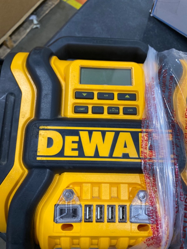 Photo 5 of DEWALT DXAEPS14 1600 Peak Battery Amp 12V Automotive Jump Starter/Power Station with 500 Watt AC Power Inverter, 120 PSI Digital Compressor, and USB Power , Yellow