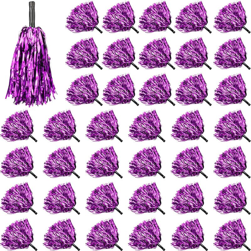 Photo 1 of Liliful 40 Pcs Metallic Foil Cheerleading Pom Poms Sporting Event Cheerleader Pom Poms Bulk Cheer Pompoms with Plastic Black Handle, Suitable for Sporting Event, Stage, Masquerade Ball (Purple) 