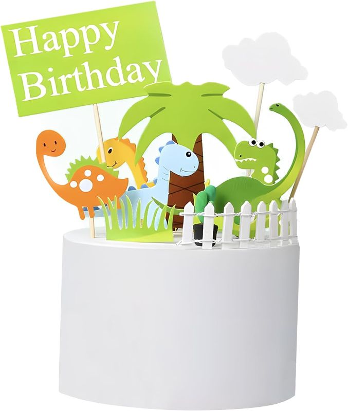 Photo 1 of 2 PACK-Dinosaur Cake Toppers for Boys and Girls, Dinosaur Cupcake Toppers Happy Birthday for Kids 1 2 3 4 5 6 7 8 year olds, Birthday Cake Decorations Cards Party Supplies with Clouds and Tree