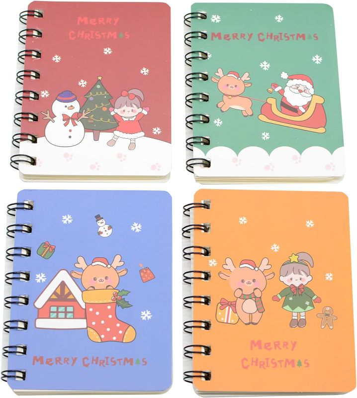 Photo 1 of 2 PACK Yansanido Small Christmas Spiral Notebook, 4 Pcs 3.14 Inch x 4.13 Inch A7 Thick Hardcover 8 mm Ruled Pages 40 Sheets -80 Pages Journals for Study and Christmas Gifts