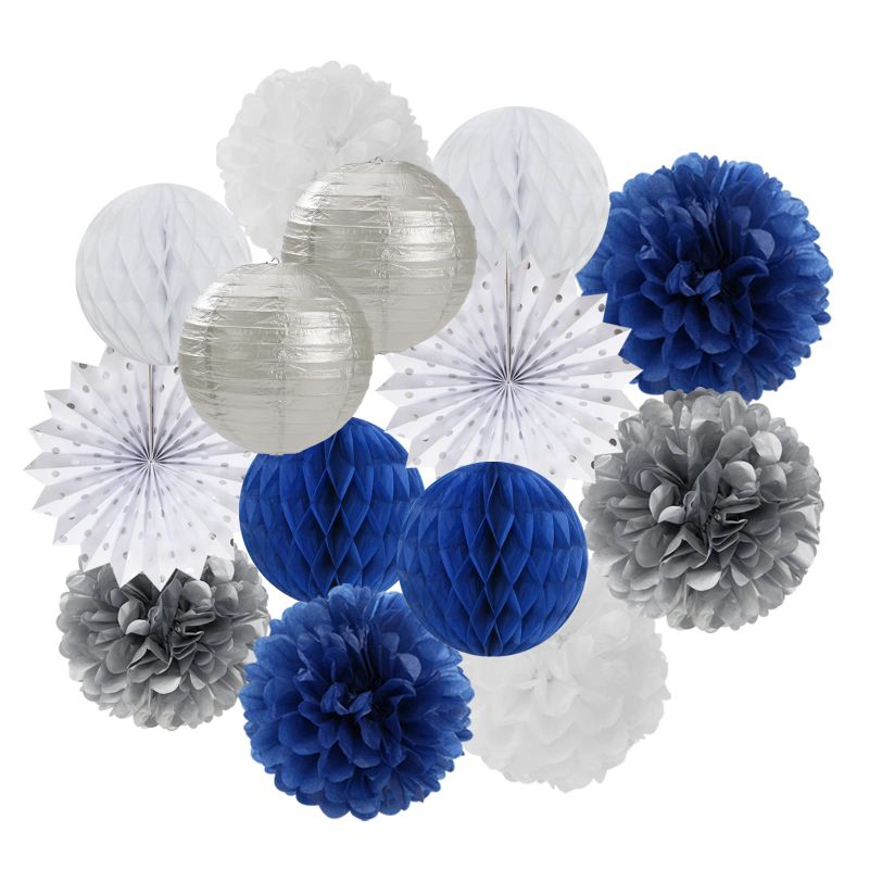 Photo 1 of 2 Packs- Grad Party Decor- Balloons, Lights, Tissue Paper Balls and More- Navy, White and Silver