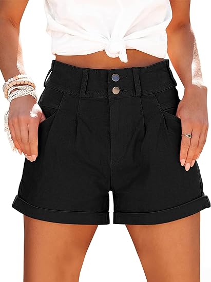 Photo 1 of [Size M] MAVIS LAVEN Womens Denim Folded Hem Shorts Casual Mid Waist Shorts with Pocketed -Black