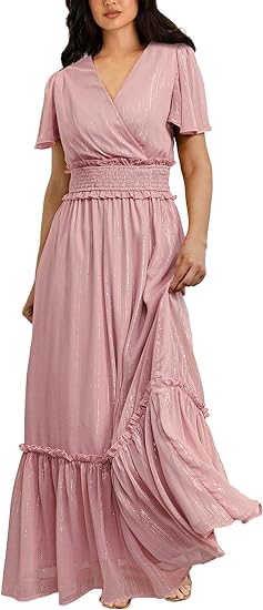 Photo 1 of [Size L] Simplee Women's Fall Wedding Guest Maxi Dress Boho Flowy V Neck Short Sleeve Semi Formal Sparkly Bridesmaid Dress Large Pink