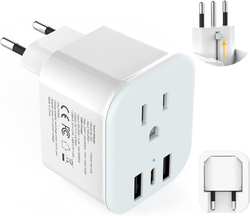 Photo 1 of European Travel Plug Adapter with USB C, LiFiYiRc US to Europe Plug Adaptor with 3 USB Charger, International Power Adapter for EU Italy Spain France Germany Iceland Greece, Type C