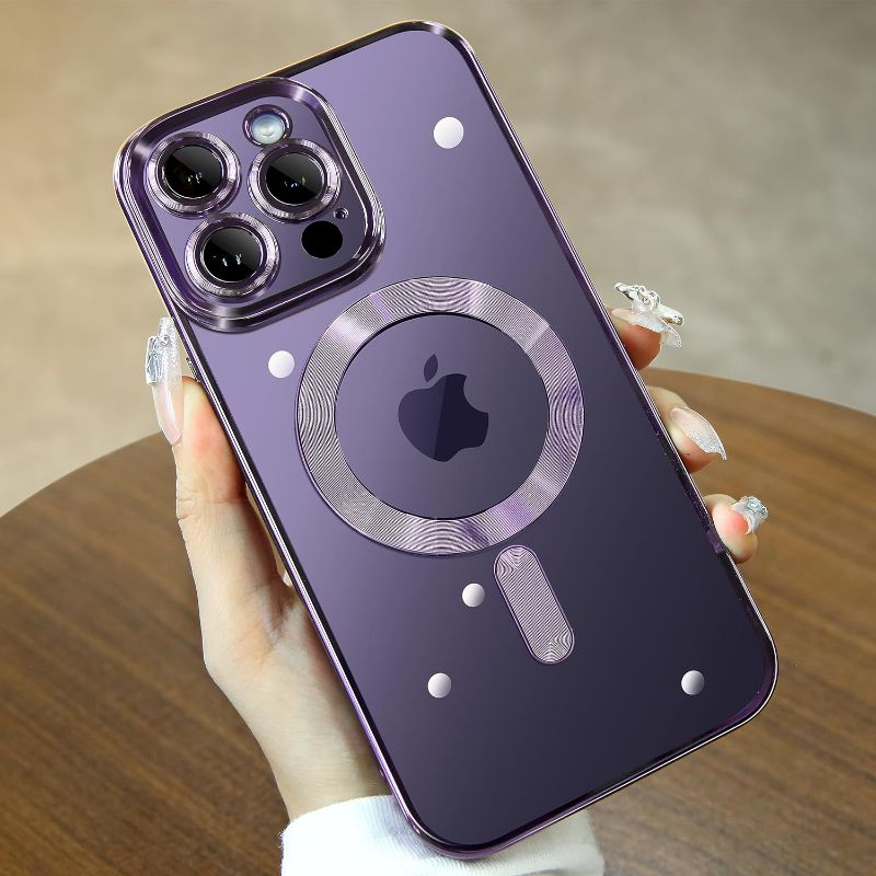 Photo 1 of Antlia Magnetic Case for iPhone 14 Pro Max Case, Clear [Camera Protection] [Compatible with MagSafe], Slim Shiny Women Girls Phone Case (6.7"), Purple 