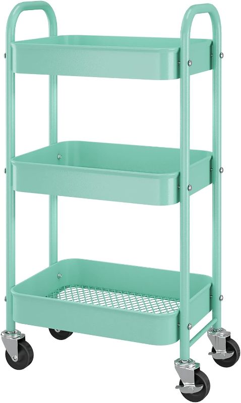 Photo 1 of 3-Tier Metal Mesh Utility Rolling Cart Storage Organizer with Wheels, Turquoise