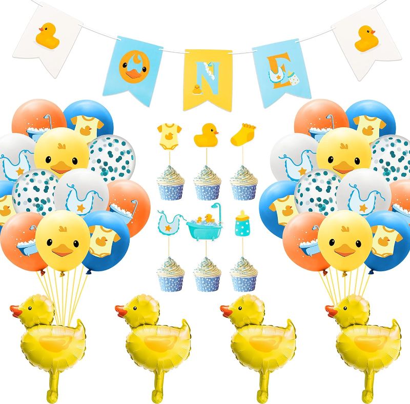 Photo 1 of BkeeCten 37PCS Yellow Duck Balloon Decoration Kit ONE Hanging Banner 12Inch Blue Yellow White Latex Balloon Yellow Duck Foil Balloons Cake Topper for Kid First Birthday Newborn Baby Shower Party Decor 
