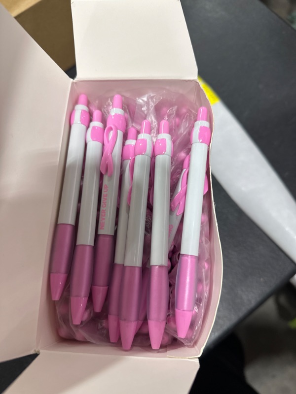 Photo 2 of Ctosree 100 Pcs Breast Cancer Awareness Pen Bulk Cancer Ribbon Pen Pink Ribbon Stuff Supports Cancer Awareness Accessories for Theme Campaigns Program Events Supplies, Black Ink