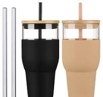 Photo 2 of kytffu 32oz Glass Tumbler with Straw and Lid, Reusable Boba Smoothie Cup Iced Coffee Tumbler with Silicone Sleeve, Fits Cup Holder Glass Water Bottle BPA Free, Black+Amber