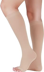 Photo 1 of Lin Performance 20-30 mmHg Medical Compression Socks for Women and Men Knee High Open Toe Stockings Varicose Vein Swollen legs(M, Beige)