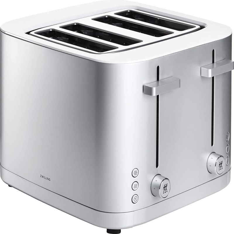 Photo 1 of ZWILLING Enfinigy 4 Slice Toaster with Extra Wide 1.5" Slots for Bagels, 7 Toast Settings, Even Toasting, Reheat, Cancel, Defrost, Silver
