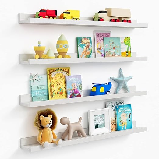 Photo 1 of  Forbena White Floating Shelves 36 Inches Long Set of 4, Large Wall Bookshelf for Kids Bedroom, Picture Ledge Shelf for Living Room Photo Frame, Wood Hanging Book Shelves for Nursery Boy Girl