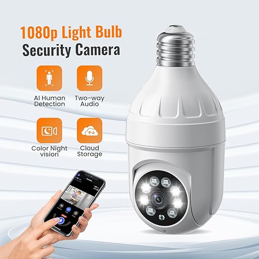 Photo 2 of FISHBOT 1080P Light Bulb Security Camera Wireless Indoor Outdoor, Color Night Vision, Human Motion Detection and Tracking, WiFi Cameras with 2-Way Audio, Real-Time Alert, 355° Panoramic Surveillance