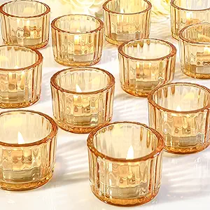 Photo 1 of 12 pcs Gold Glass Tealight Candle Holder, 2x1.5in Small Votive Candle Holders for Table Centerpiece, Vintage Tea Lights Candle Holder for Wedding Bridal Party Home Decor