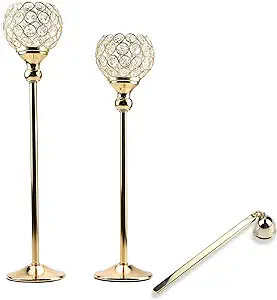 Photo 1 of  Lindlemann Tall Gold Candle Holders for Table Centerpiece [Set of 2: 19" + 17"] - Bling Candle Holders, Gold Crystal Candle Holders - Includes Candle Snuffer/Extinguisher