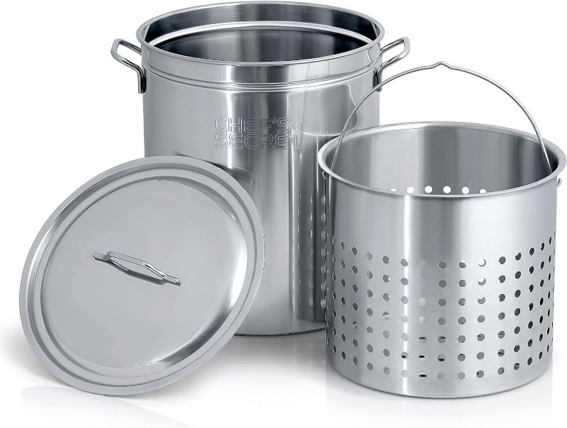 Photo 1 of Chef's Secret Large 62 Quart Stainless Steel Stockpot w/Basket: Perfect for Soups, Boils, Stews, and Tamales
