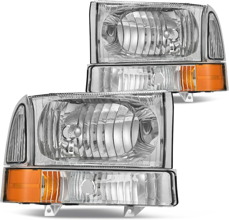 Photo 1 of DWVO Headlights Assembly Compatible with 1999-2004 Ford F-250 F-350 F-450 F-550 Super Duty Pickup Truck + Signal Lamps Chrome Housing Clear Lens Amber Reflector
