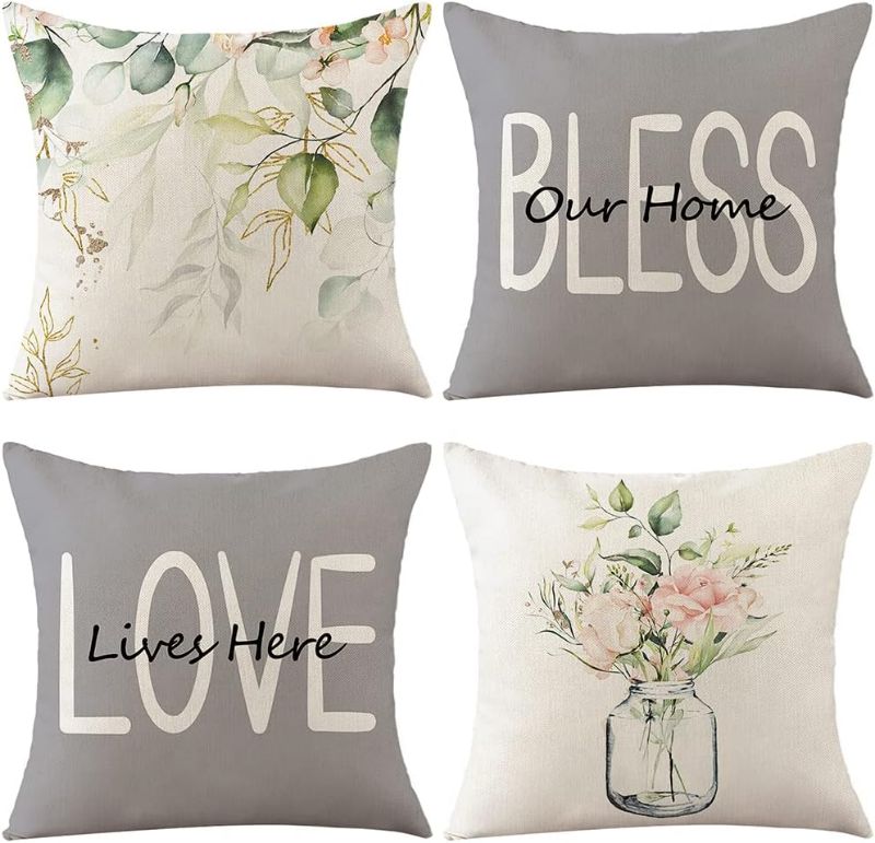 Photo 1 of ABOVE ZERO Bless Love Home Leaves Floral Pillow Covers 18x18 Set of 4, Spring Summer Throw Pillow Covers Seasonal Decorations for Home
