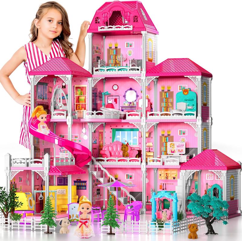 Photo 1 of  Doll House Girls Toys - 4-Story 12 Rooms Playhouse with 2 Dolls Toy Figures, Fully Furnished Fashion Dollhouse, Pretend Playhouse with Accessories