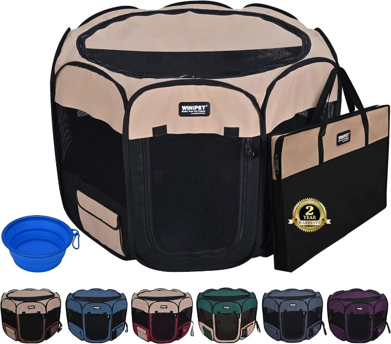 Photo 1 of  2-Door Folding Soft Pet Playpen (2 Year Warranty), Plus Carrying Bag and Food Grade Silicone Bowl, 10-Size and 12-Color Portable Dog Cat Playpen, Exercise Pen, Indoor & Outdoor Pet Home