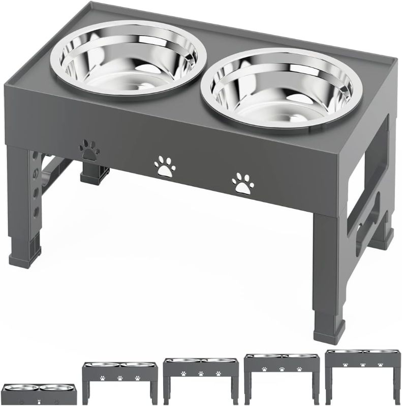 Photo 2 of  Elevated Dog Bowls with 2 Stainless Steel Bowl Adjustable Raised Dog Dish - Adjusts to 5 Heights, 3.1", 9", 10", 11", & 12" Non-Slip Dog Food Bowl Stand for Small Medium Large Dogs