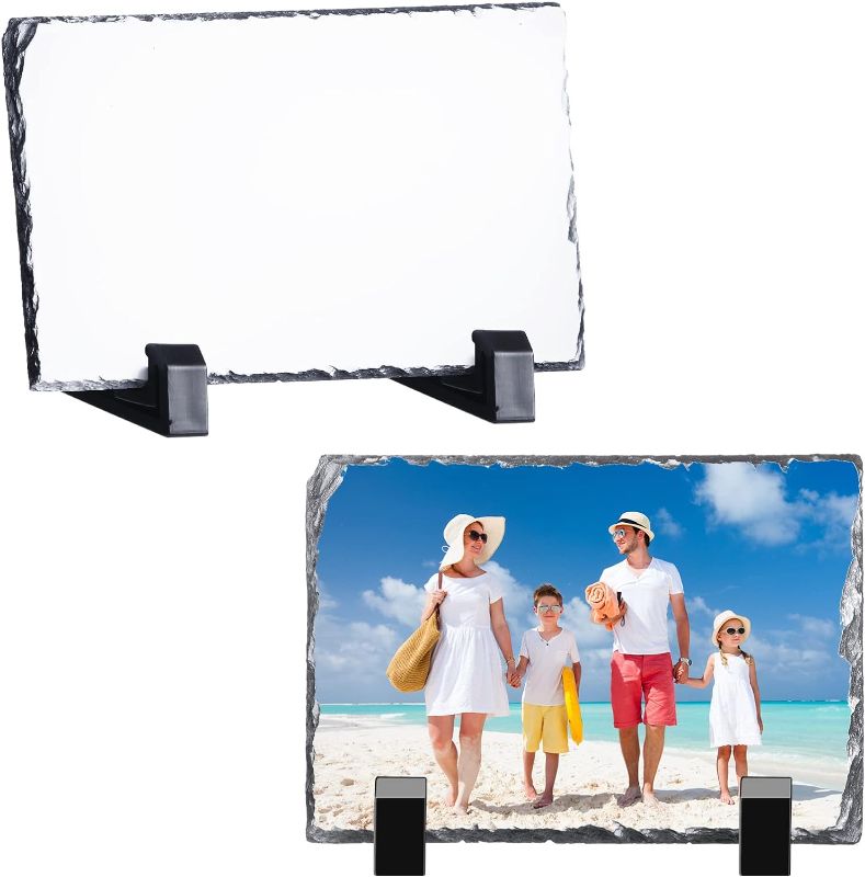 Photo 1 of 2 Pieces Sublimation Blank Slate Rock Stone Photo Frame Heat Transfer Rectangular Picture Frame with Display Holder for Heat Press Machine (3.9 x 5.9 Inch)