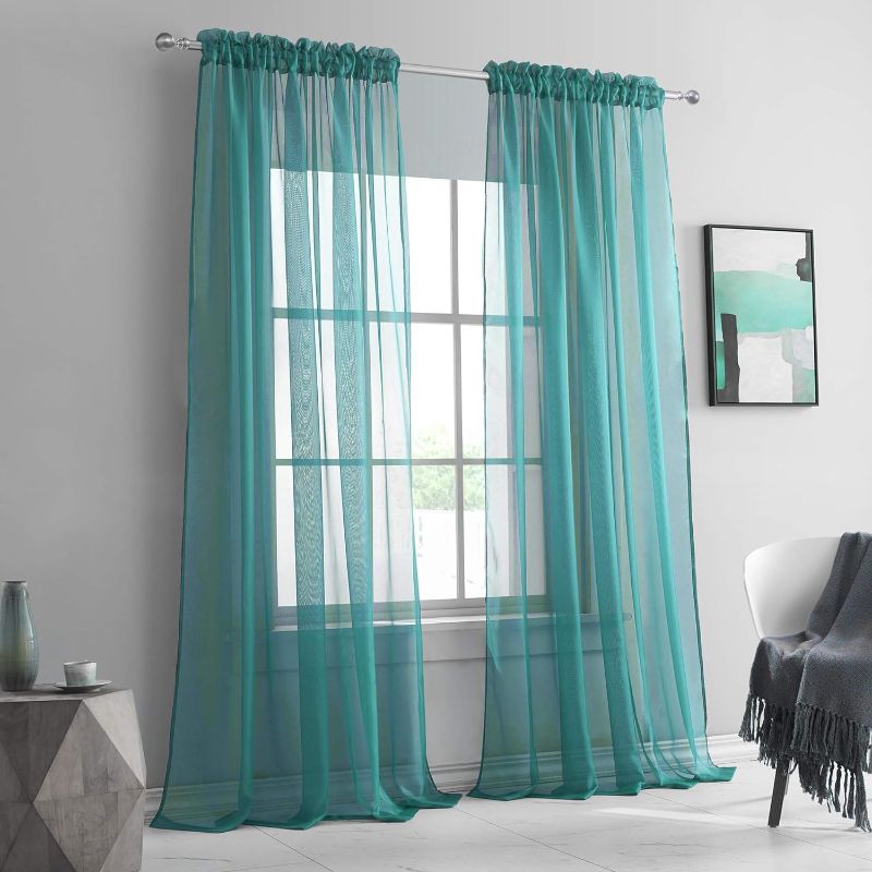 Photo 1 of  Teal Sheer Curtains 108 Inches Long for Christmas Bedroom Sheer Voile Rod Pocket Drapes Panels forWedding Party Living Room Kids Baby Room 52x108