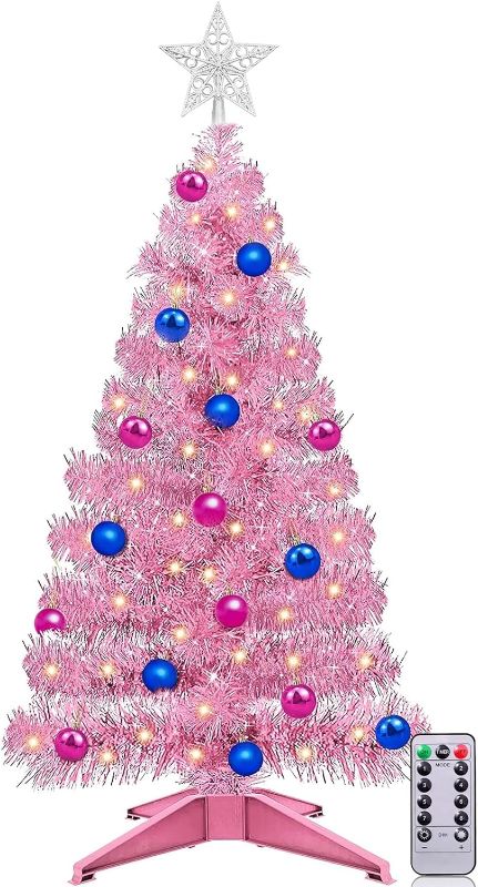 Photo 1 of [ Remote Control & 8 Modes ] 3 Ft Christmas Tree with Timer 50 Warm Lights 15 DIY Ball Ornaments 3D Star Battery Operated Artificial Pencil Full Tree Holiday Xmas Decoration Home Indoor Table (Pink)