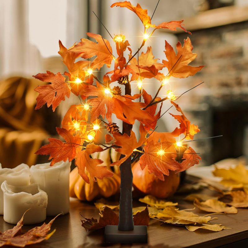 Photo 1 of 22 Inch Lighted Maple Tree Fall Tree Thanksgiving Tree Decorations with 6 Acorns & Pumpkins & Pinecones Autumn Decor with 18 LED Thanksgiving Decorations Indoor for Harvest, Fall, Party, Table