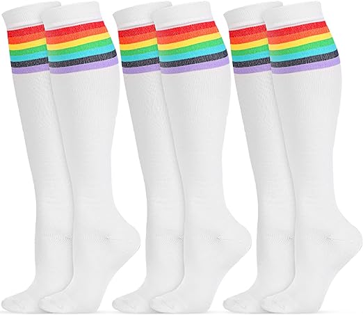 Photo 1 of 3 Pairs of Breast Cancer Awareness Socks Pink Ribbon Thigh High Socks Colorful Athletic Thigh High Socks with Colored Stripes (Rainbow,Small/Medium)