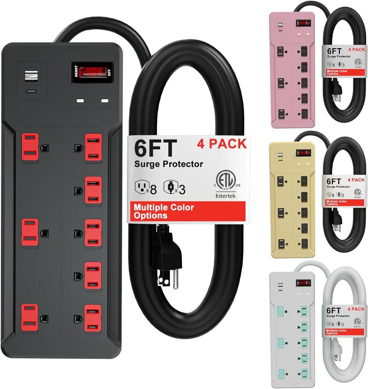 Photo 1 of ETL Listed Power Strip Surge Protector, 8 Outlets with 3 USB Ports(1.6In Wide), 6 Ft Power Cord (1875W/15A) Multiple Colors Power Strip for Home, Office, Dorm Essential - 4Pack