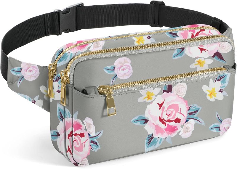 Photo 1 of CXWMZY Fanny Packs for Women & Men, Fashion Waist Bag Hip Bum Bag with Multi-Pockets Large Capacity Cute Fanny Pack Casual Bum Bag for Disney Traveling Shopping Casual Cycling Running (Gray Flower)