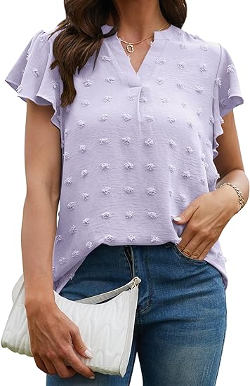 Photo 1 of ANGGREK Women's V Neck Blouse Swiss Dot Ruffle Short Sleeve Shirt Casual Summer Tops 2XL