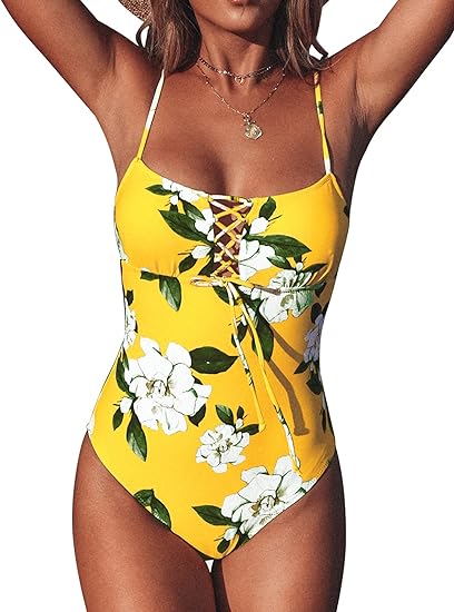 Photo 1 of CUPSHE Women's One Piece Lace Up Yellow Floral Swimsuit L
