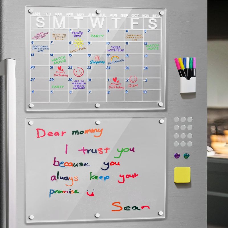 Photo 1 of 2 Set Magnetic Acrylic Calendar for Fridge, 16''x12'' Clear Reusable Monthly Calendar & Dry Erase Memo Mate Board for Refrigerator Planner, Family Calendar for Home, House, Kitchen