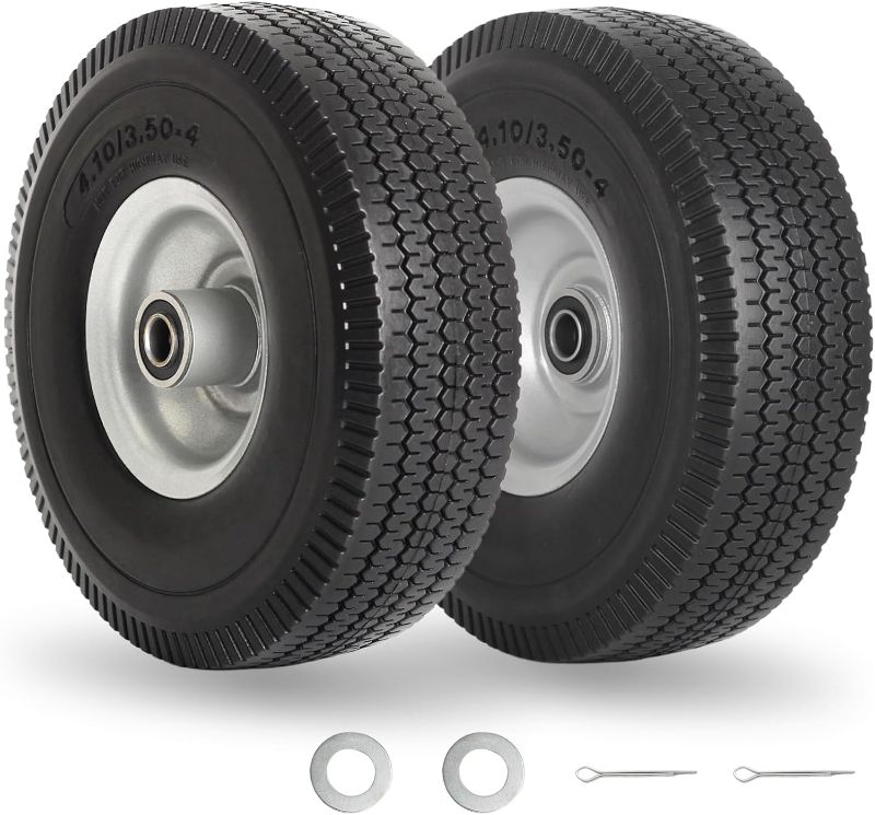 Photo 1 of 3.50 - 4.00" Flat Free Tire and Wheel, 10" Solid Tire with 5/8" Axle Bore Hole, 2.2" Offset Hub for Hand Truck Garden Wagon Gorilla Cart Trolley Dolly Lawn Mover Replacement Tire (2 pcs)