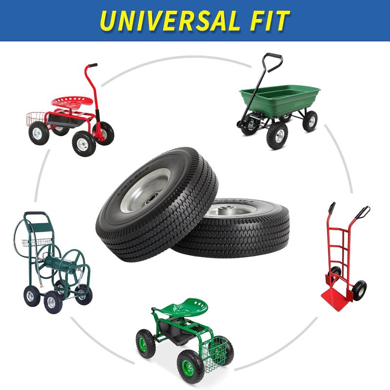 Photo 4 of 3.50 - 4.00" Flat Free Tire and Wheel, 10" Solid Tire with 5/8" Axle Bore Hole, 2.2" Offset Hub for Hand Truck Garden Wagon Gorilla Cart Trolley Dolly Lawn Mover Replacement Tire (2 pcs)