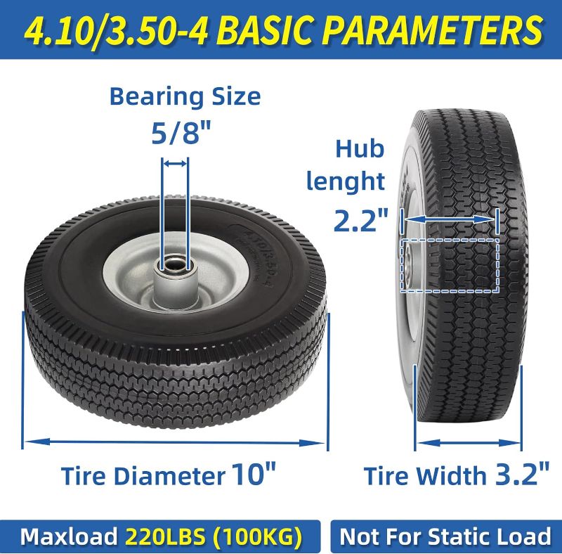 Photo 5 of 3.50 - 4.00" Flat Free Tire and Wheel, 10" Solid Tire with 5/8" Axle Bore Hole, 2.2" Offset Hub for Hand Truck Garden Wagon Gorilla Cart Trolley Dolly Lawn Mover Replacement Tire (2 pcs)