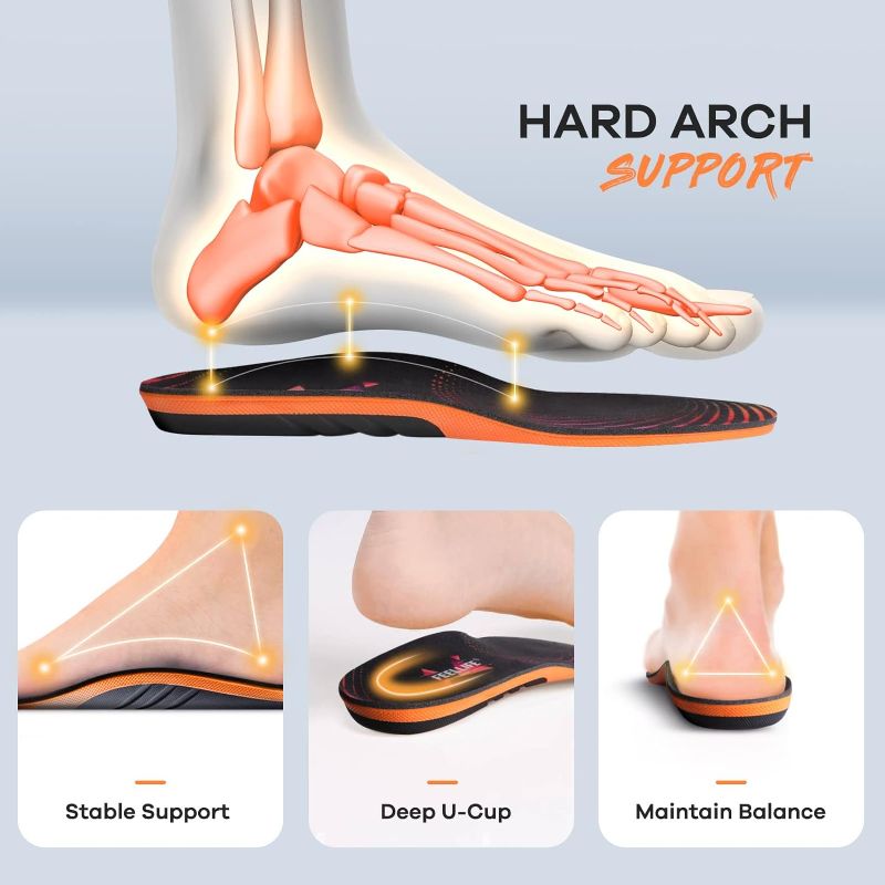 Photo 2 of FeelLife Plantar Fasciitis Relief Shoe Insoles, Arch Support Insoles, Running Athletic Gel Shoe Inserts, Orthotic Insoles for Arch Pain Black & Red size men 8-12, size woman 9-13 (trimmable) 