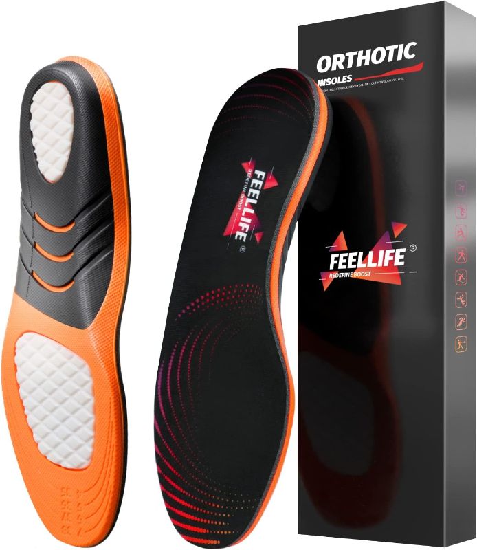 Photo 1 of FeelLife Plantar Fasciitis Relief Shoe Insoles, Arch Support Insoles, Running Athletic Gel Shoe Inserts, Orthotic Insoles for Arch Pain Black & Red size men 8-12, size woman 9-13 (trimmable) 